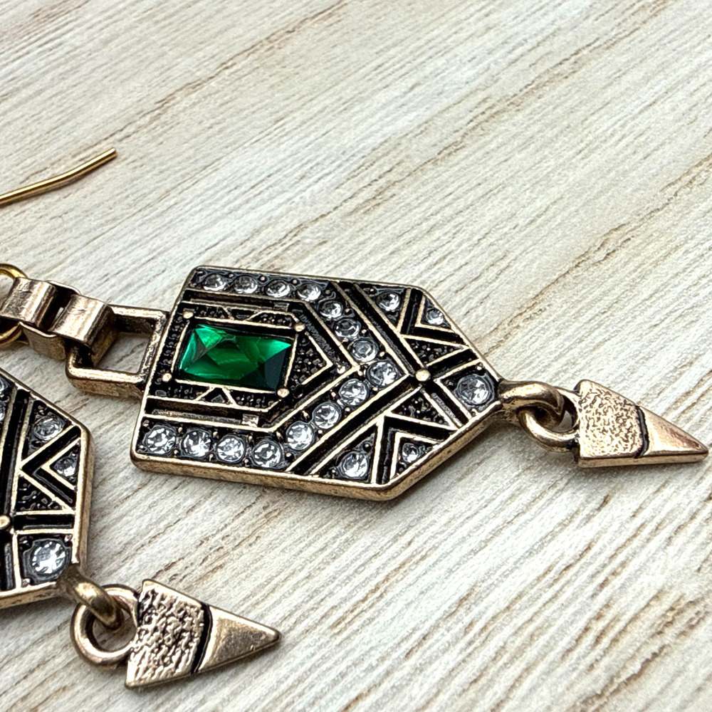 Art Deco Style Earrings Faux Emerald White Rhinestone Accents Gold‎ Tone Dangles - Picture 2 of 5